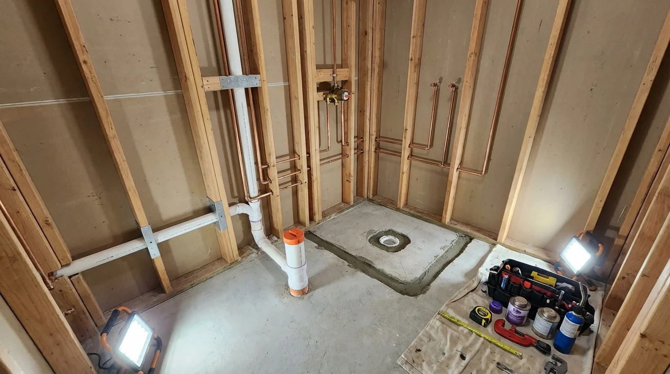 Bathroom rough-in plumbing during remodel by Johns Plumbing LLC in Burnsville