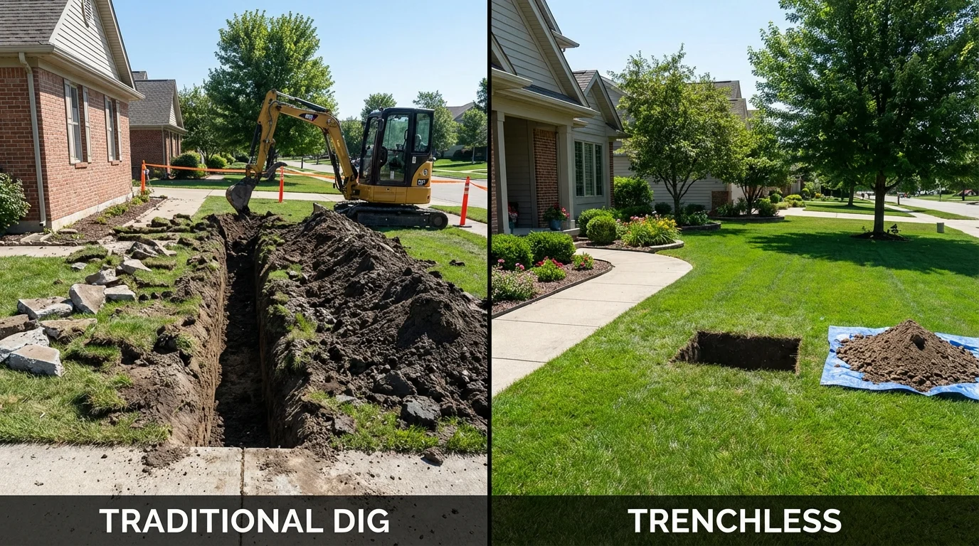 Trenchless sewer repair with minimal yard damage versus traditional excavation in Burnsville, MN