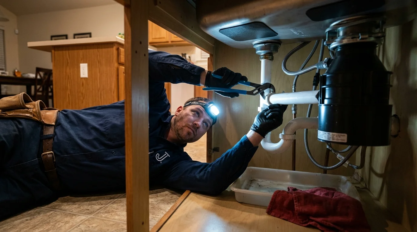 P-trap and supply line connections under a kitchen sink showing a common leak point in Burnsville, MN